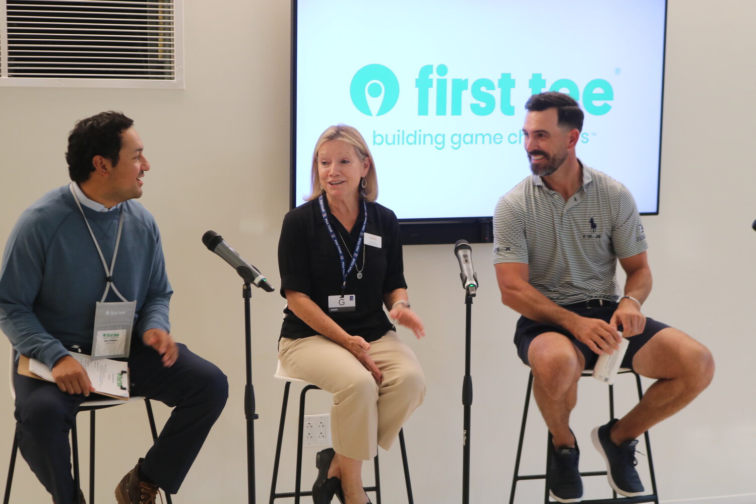 Professional golfer Billy Horschel and Feeding Northeast Florida CEO Susan King answer questions as part of a national First Tee Innovators Forum at the PGA Tour’s Global Home in Ponte Vedra Beach on Nov. 9.